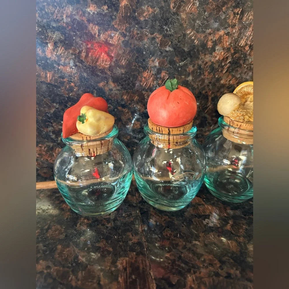 Lot of 5 Vintage Italian Teal Aqua Glass Spice Bottles Cork Stoppers